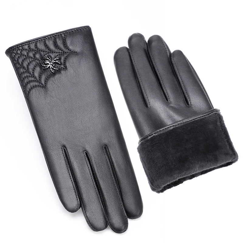 Cheap Spider Design Fleece Lining Touch Screen Thermal Winter Women Pu Leather Gloves