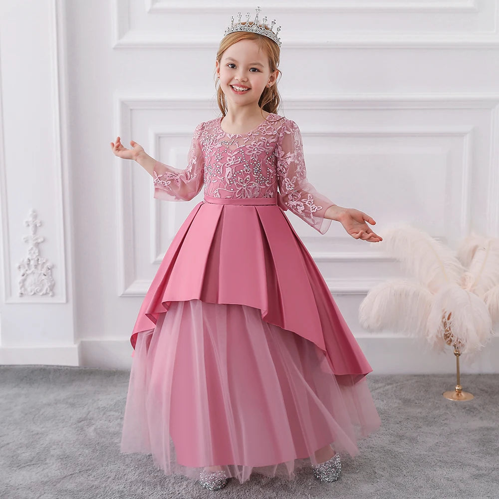 FSMKTZ Wholesale Girls Dresses Summer Flower Wedding Party Formal Gown with Lace Long Sleeves for Children's Parties