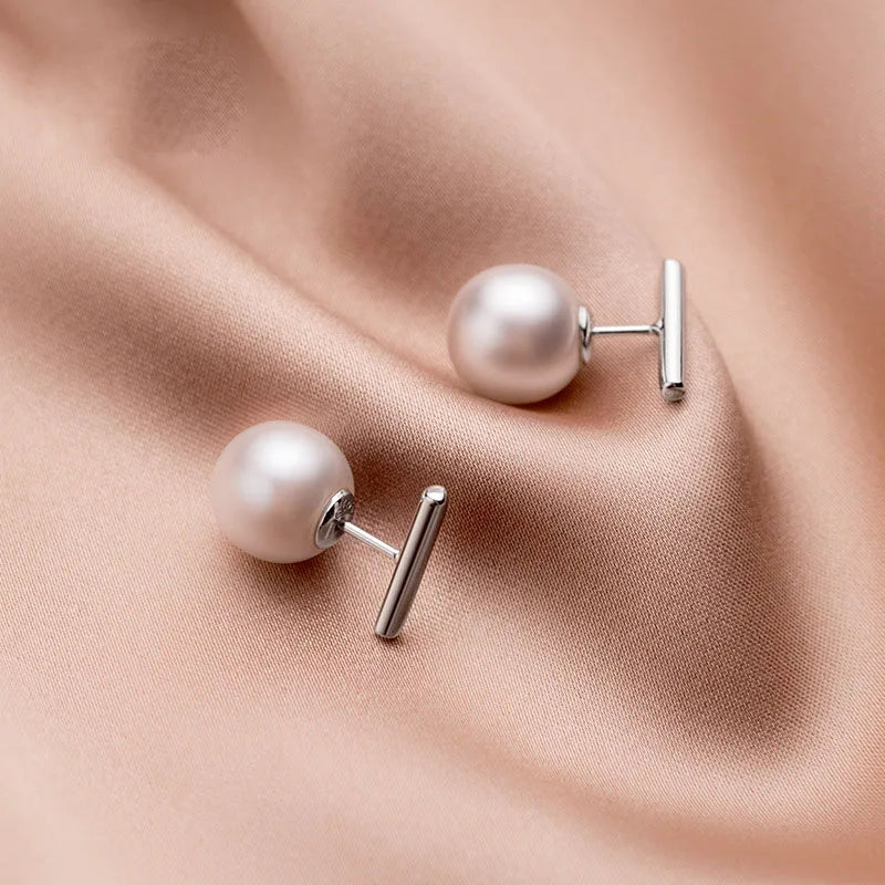 Simple Fashion Round 9mm Pearl Stud Earrings for Women 925 Sterling Silver Fine Christmas Jewelry