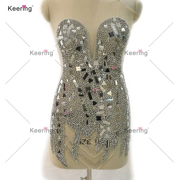 WDP-433 Bridal Wedding Sparkling Sew on Crystal Beaded Glass Rhinestone Pearl Bodice Mirror Applique