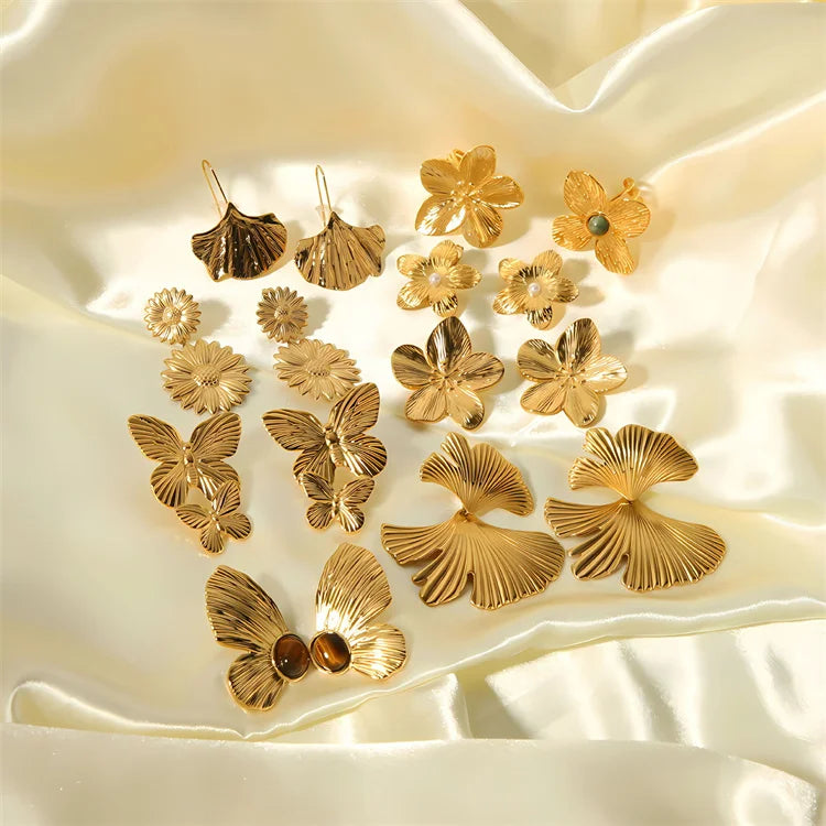 Non Tarnish 18K Gold Plated French Style Vintage Stainless Steel Statement Flower Butterfly Leaf Stud Drop Earrings for Women