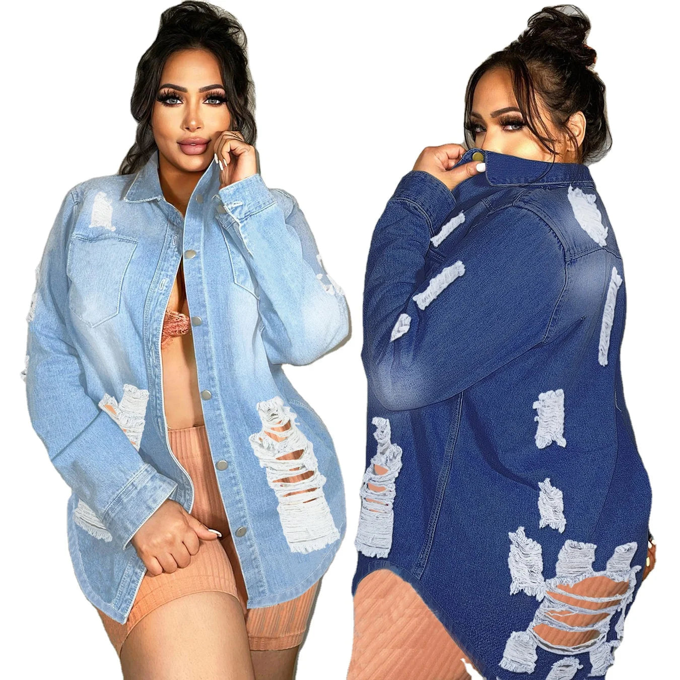 Womens Jean Jacket Blue Jean Denim Buttons Jackets for Ladies Plus Size Button Ripped Women Oversized Denim Jean Jacket Coat