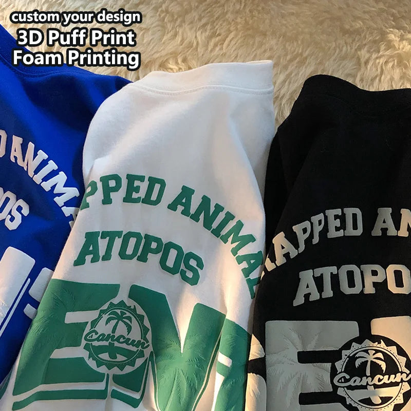 Wholesale Custom 3D Silk Screen Printed Breathable Eco-Friendly 100% Cotton Casual Long O-Neck Plus Size Oversized Men's