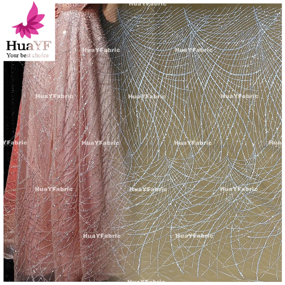 HY1870 Pure White Bridal Wedding Lace Beaded Tulle Sequins Fabrics for European Style Dress