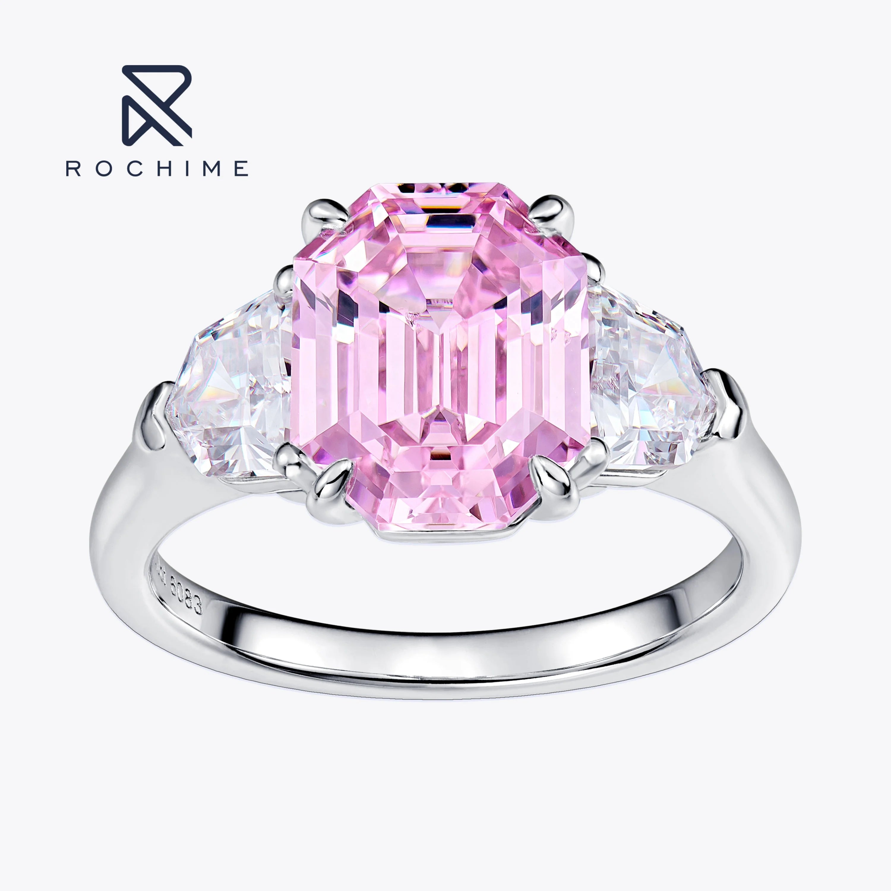 Rochime High End  Asscher Cut  pink Gemstone Ring 925 Sterling Silver Rhodium Plated Luxury Jewelry for Women