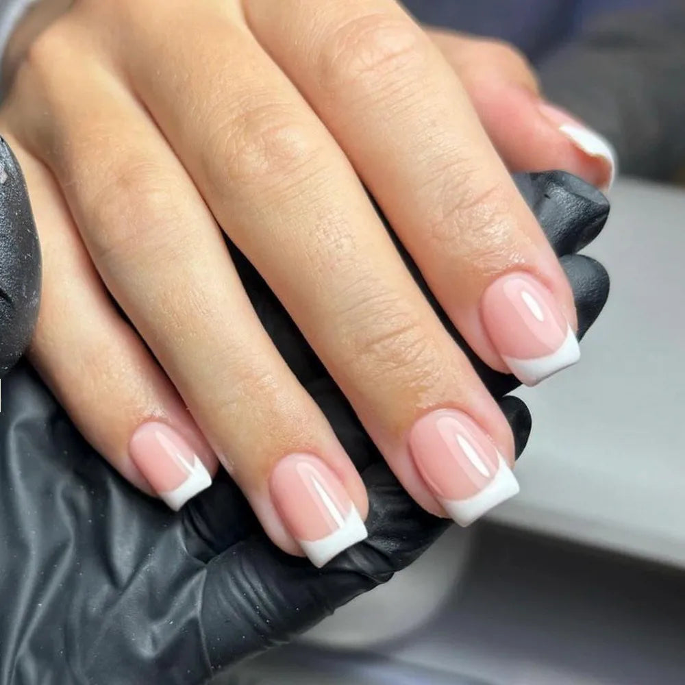 24 Pcs/set Classic French Short Square Nude Pink Collection ABS Full Cover Nail Tips Press Nails Finger Wholesale 3370