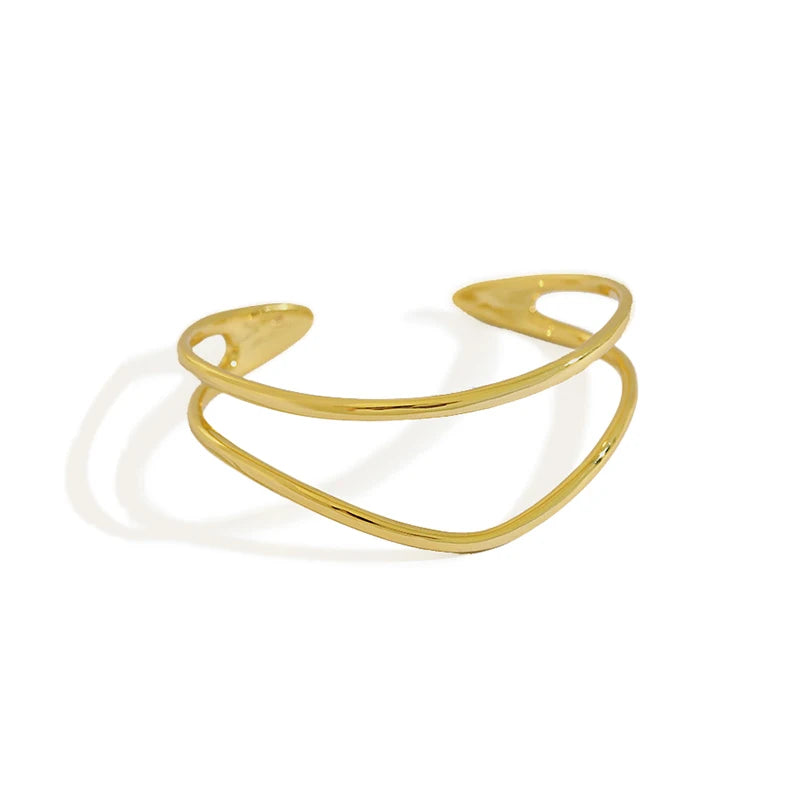 Double Layer Hollow Geometry Bangle Bracelet Sterling Silver 925 Opening Adjustable C-type Cuff Bangle for Women Girls Gifts