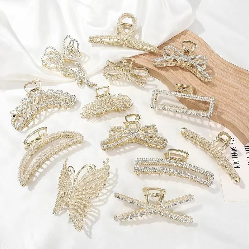 Luxury Geometric Gold Color Faux Pearl Rhinestone Alloy Hair Claw Clips for Women Wedding Diamond Girls Hair Accessories
