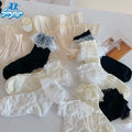 Spring and Summer Mid-Calf Women's Socks with Cute Lace Trim Thin White and Black with Bows