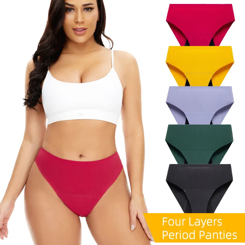 Ribbed 4 Layers Protective Underwear Leak Proof Period Panties Heavy Flow Women Postpartum Briefs Menstrual Underwear