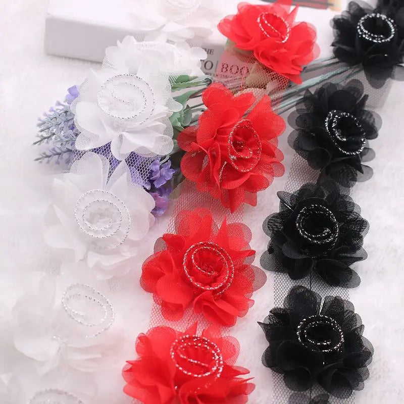 Hot Selling Eco-Friendly 6.5cm 3D Chiffon Flower Embroidery Voile Lace Fabric XF21 12 Flowers/Yardage Decorative Accessories