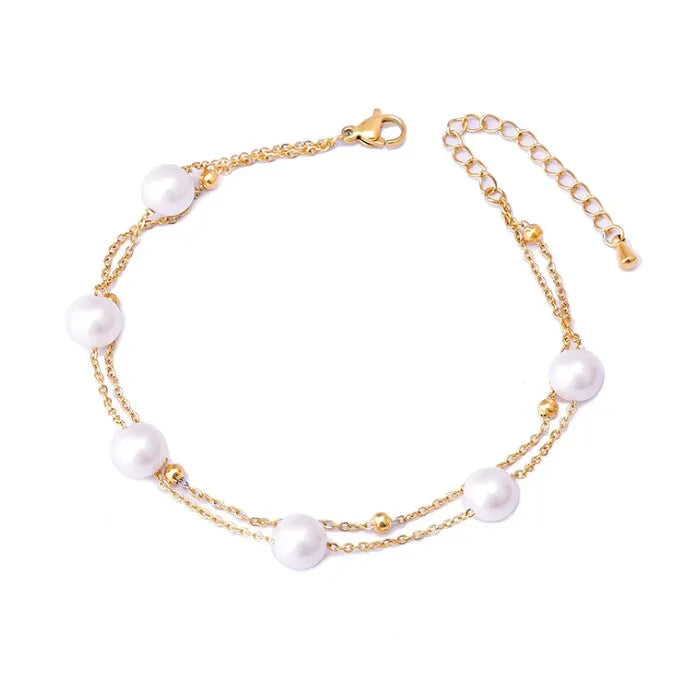 Popular Foot Decoration Double-layer Pearl Anklet Stainless Steel Beads Plated 18k Gold Anklet for Women