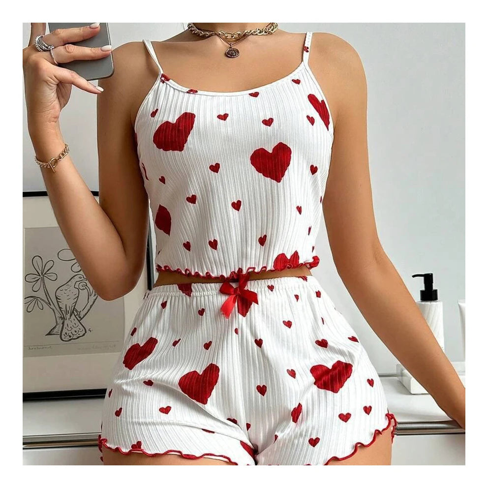 New 2025 Knitted Striped love Print Design Sweet Suspender Shorts Quick Dry Soft Pajamas Women Set
