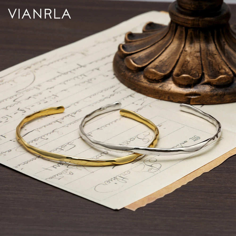 VIANRLA 925 Sterling Silver Bracelet Hammered Gold Plated Cuff Bangle Hand Bangle Jewelry