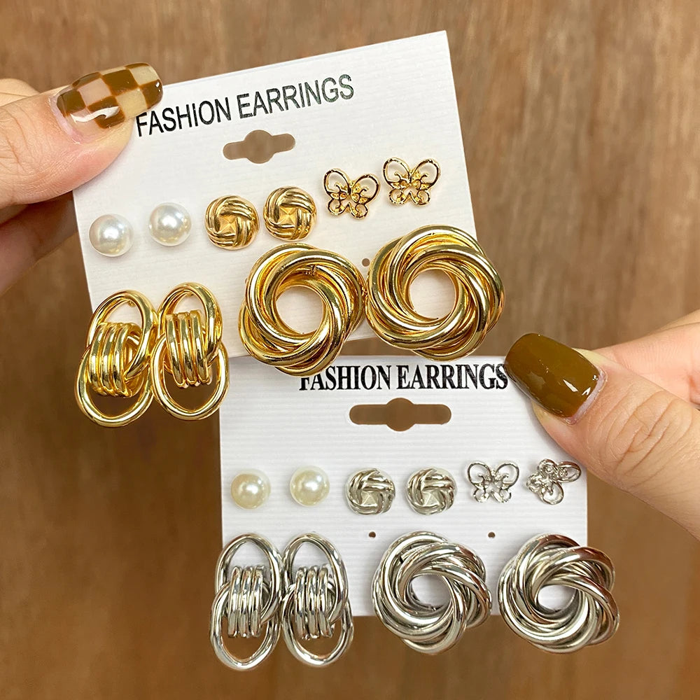VKME Wholesale Vintage Pearl Acrylic Gold Metal Earrings Set Punk Geometric Circle Butterfly Flower Dangle Drop Earrings