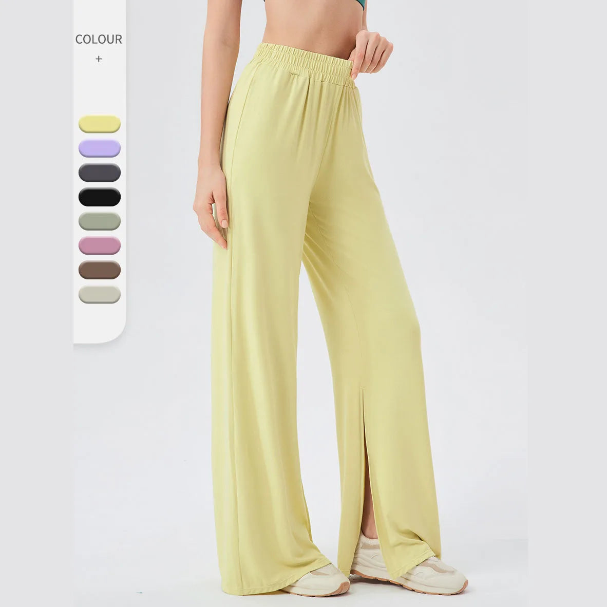 Custom Logo Summer Cool Feeling Breathable High Waist Wide Leg Slit Bottoms Pants Fitness Yoga Dancing Loose Pants for Women