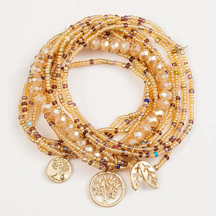 SC Hot Selling Crystal Seed Beads Bracelets Leaf Tree of Life Charm Bracelet Bohemian Multilayer Handmade Beaded Bracelets Women