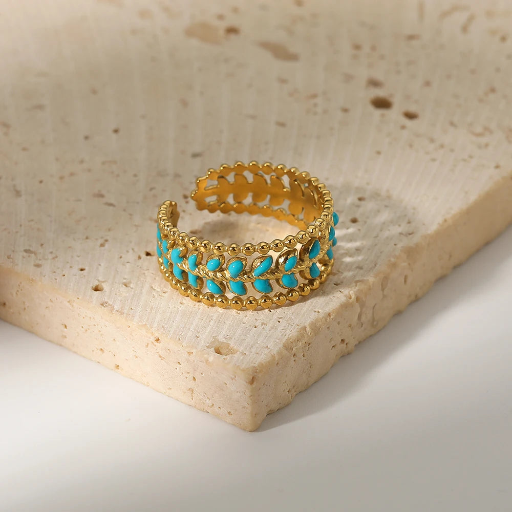 French Design Stainless Steel 18K Gold Plated Blue Enamel Hollow Olive Tree Branch Leaf Ring for Girls Women
