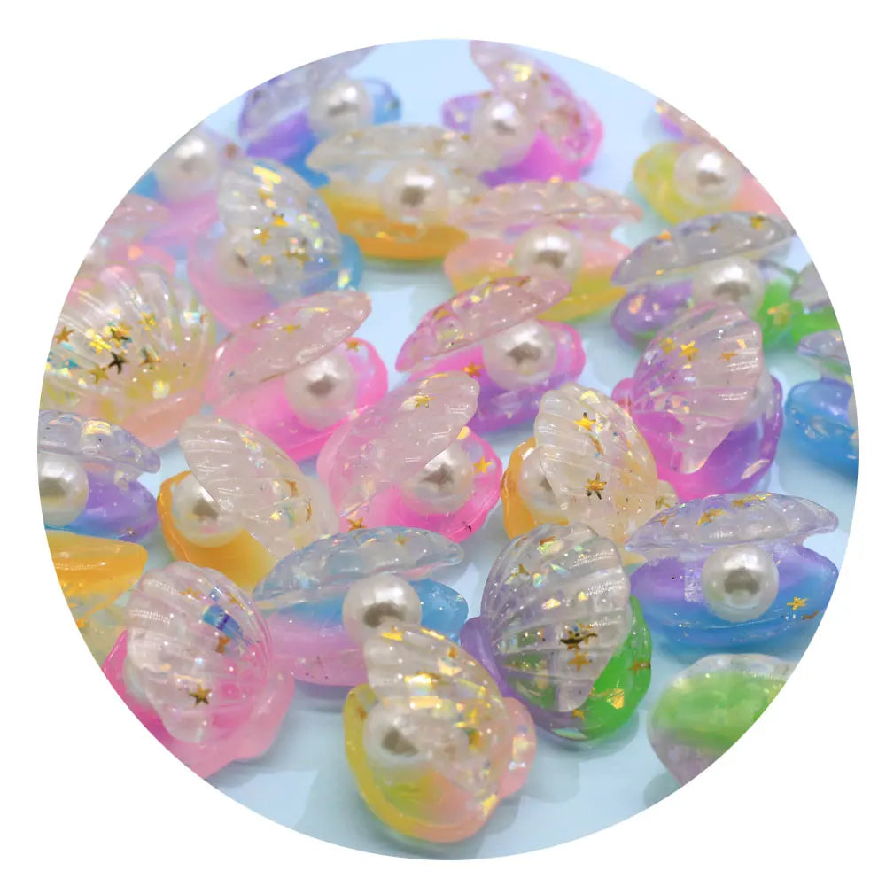 Kawaii Oyster Shell and Pearl Flatback Glitter Resin Cabochons Mix Color 3D Shell Figurine Slime Charms Phone Hair Bow DIY Craft