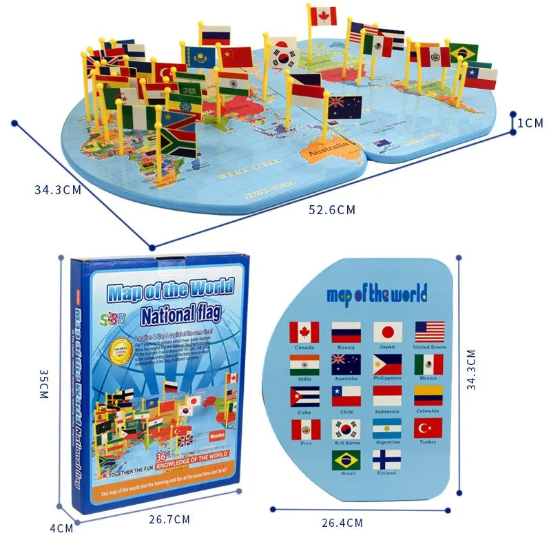 2024 New Design 3D Wooden World Map Geographic Knowledge Learning Educational National Flag Cognitive Toys for Boys Girls