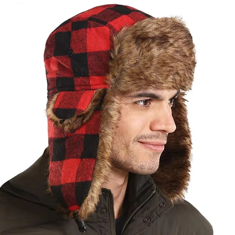 Winter  Warm Plaid Aviator Trapper Hat Fleeced Fur Faux Trooper Ear Flap Bomber Russian Winter Skiing Cap