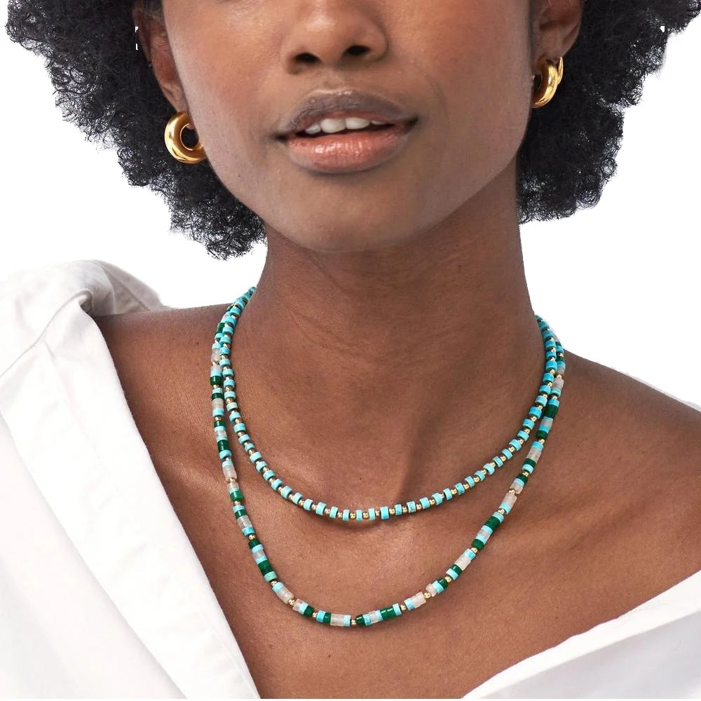 Luxury Bohemian Handmade Natural Stone Necklace Beaded with Luxury Crystal Turquoise Gemstone Pearl Chains