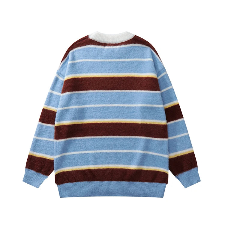 Women's Cool Spring Autumn Oversize Crew Neck Pullover Alpaca Multicolor Stripes Pullover Jacquard Knitted Sweater