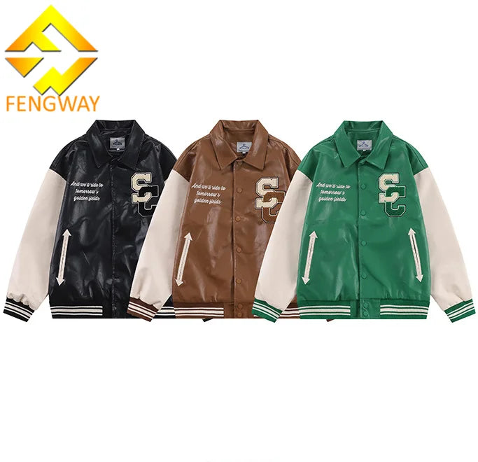 Fengway Custom Logo Embroidery PU Leather Varsity Jacket with Turndown Collar Baseball Jacket & Letterman Bomber Jacket