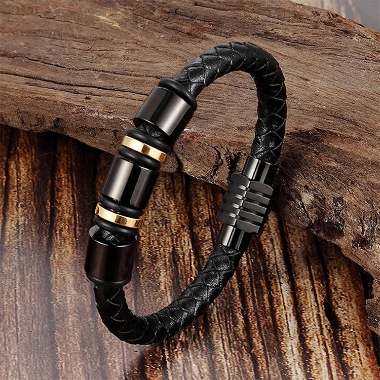 Trendy Luxury Mens Black Leather Bracelet With Beads