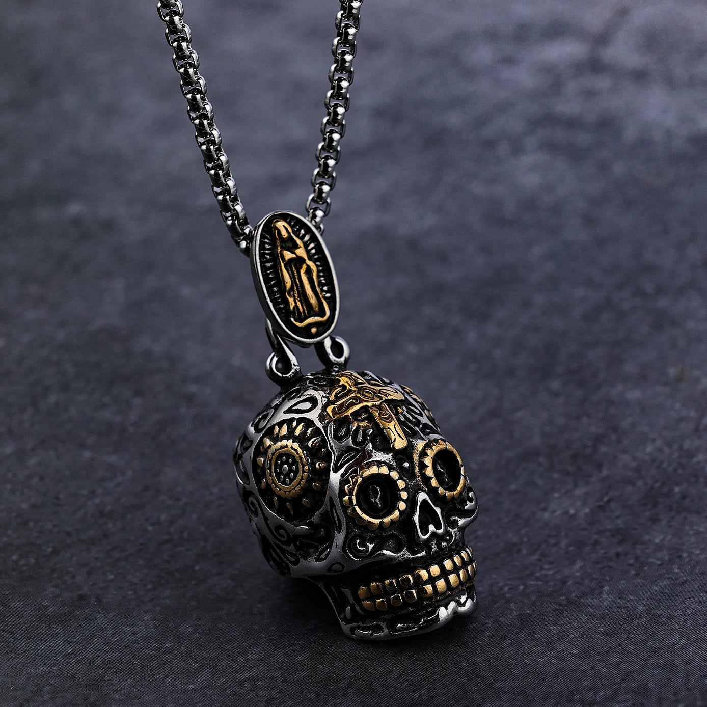 Gold Plated Gothic Punk Skull Jewelry Stainless Steel Silver Gold Virgin Mary Cross Religious Skull Necklace Pendant Charm