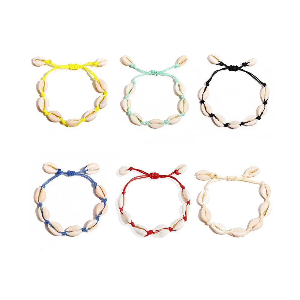 Adjustable Bohemian Summer Beach Bracelet  Woven Colorful Rope Handmade White Natural Sea Cowrie Shell Bracelet
