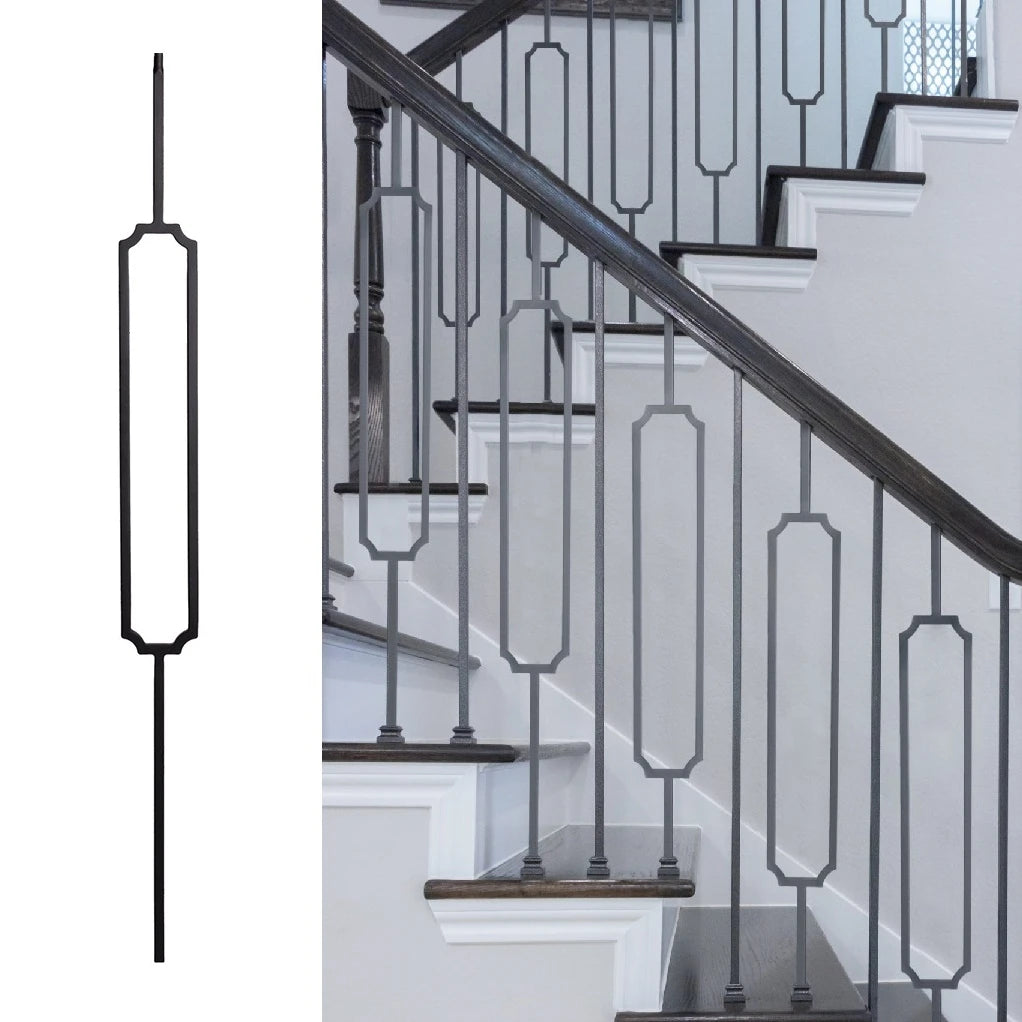 Modern Outdoor Steel & Wrought Iron Baluster Stair Railing Rectangle Design Sand Blasted Antirust Oil Finish 5-Year Warranty