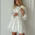 Enyami Loose White Elegant Pleated Ruffle Lantern Long Sleeve Fluffy Two Layer Belted Tie Front Elastic Waist V Neck Women Dress