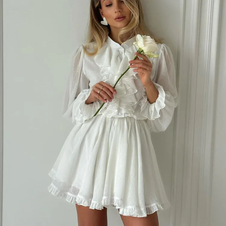 Enyami Loose White Elegant Pleated Ruffle Lantern Long Sleeve Fluffy Two Layer Belted Tie Front Elastic Waist V Neck Women Dress