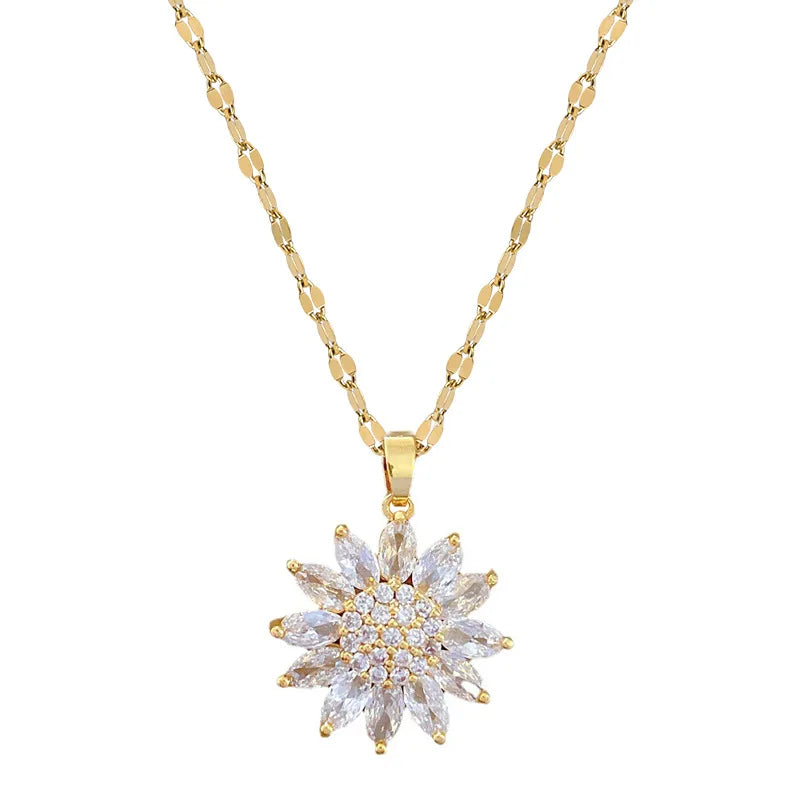 Fashion Women Banquet Wedding Luxury Hiphop Chain Crystal Rhinestone Sunflower Pendant Titanium Stainless Steel Gold Necklace