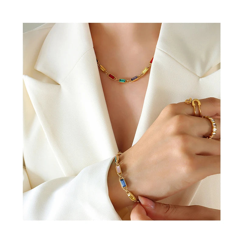 2023 Summer Trendy Custom Rainbow Colorful Rhinestone 18K Gold Plated Stainless Steel Non Tarnish Geometric Jewelry Set