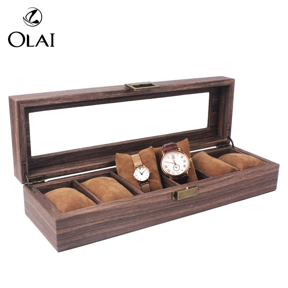 Noble 6 Slots Watch Package Wood Grain PU Leather Brown Storage Luxury Watch Display Box