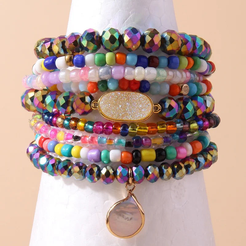468mm Acrylic Bead Seed Beads Bracelet Multicolor Crystal Glass Beads Freshwater Pearl Miniature Bead 9pc Stack Bracelet Set