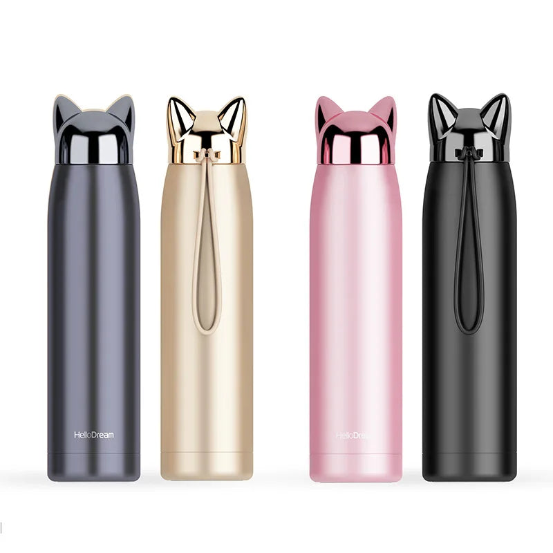 Madou Cute Cat Fox Ear Stainless Steel Thermos Bottle Eco-Friendly 6-12 Hours Thermal Insulation Portable Outdoor Coffee Tea