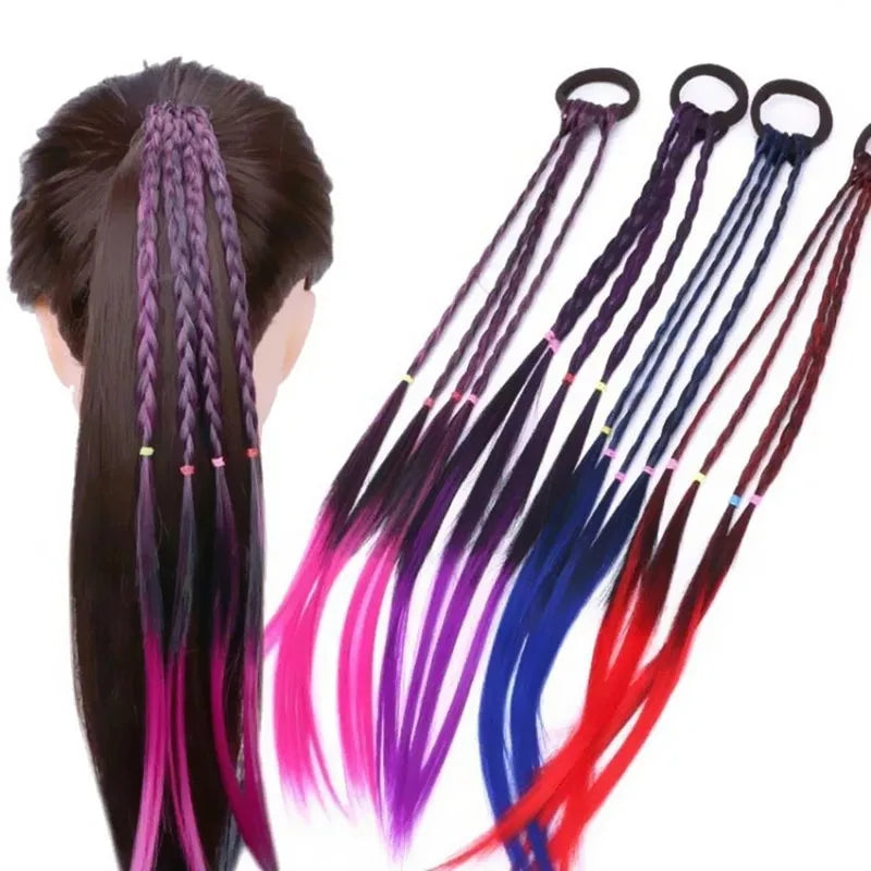 Hot-selling 15inch 4 Strand Braid Wigs With Elastic Rubber Band Hair Extensions for Kids Colorful Synthetic Braiding Hair