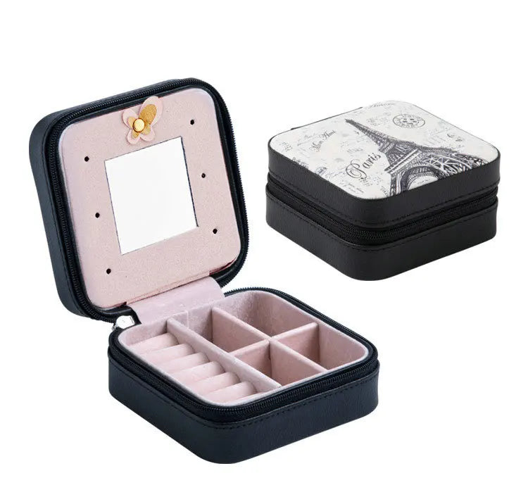 Customizable Portable Square Mirror Jewelry Box Organizer PU Leather Travel Case Storage Pouch with Logo Stylish Gift for Kids