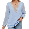 RNSHANGER Spring Women's Pullover V-Neck Panel Lace Shirts Solid Tie Flowers Bubble Chiffon Long Sleeve Fashion Casual Blouse