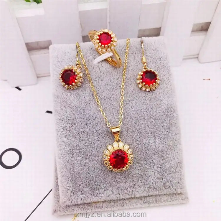 Dubai Gold Brass Gold-Plated Jewelry Three-Piece Set of Micro-Inlaid Round Rubies