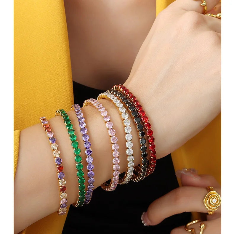 Luxury Multi-color Zircon Elastic Bracelet Titanium Stainless Steel Plated 18K Gold Tennis Chain Bangles Jewelry