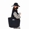 Female Student Portable Handbag New Foldable and Reusable Black Canvas with Casual Print Pattern for Shopping