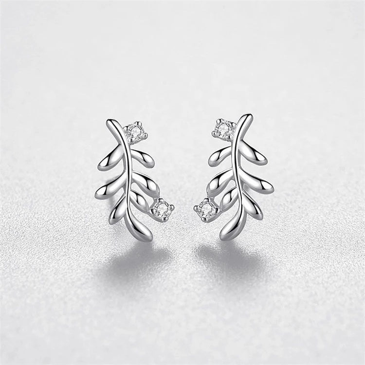 Fine Jewelry 925 Sterling Silver CZ Diamond Leaf Shape Stud Earrings for Women