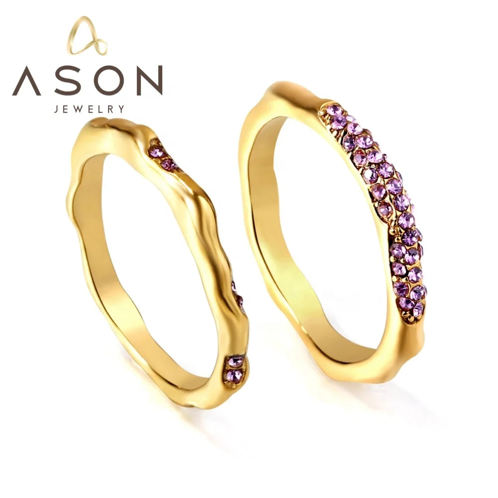 Ason Jewelry Elegant Style 18K Gold Plated Purple Zircon Stainless Steel Ring High Quality Women Waterproof Non Tarnish Rings