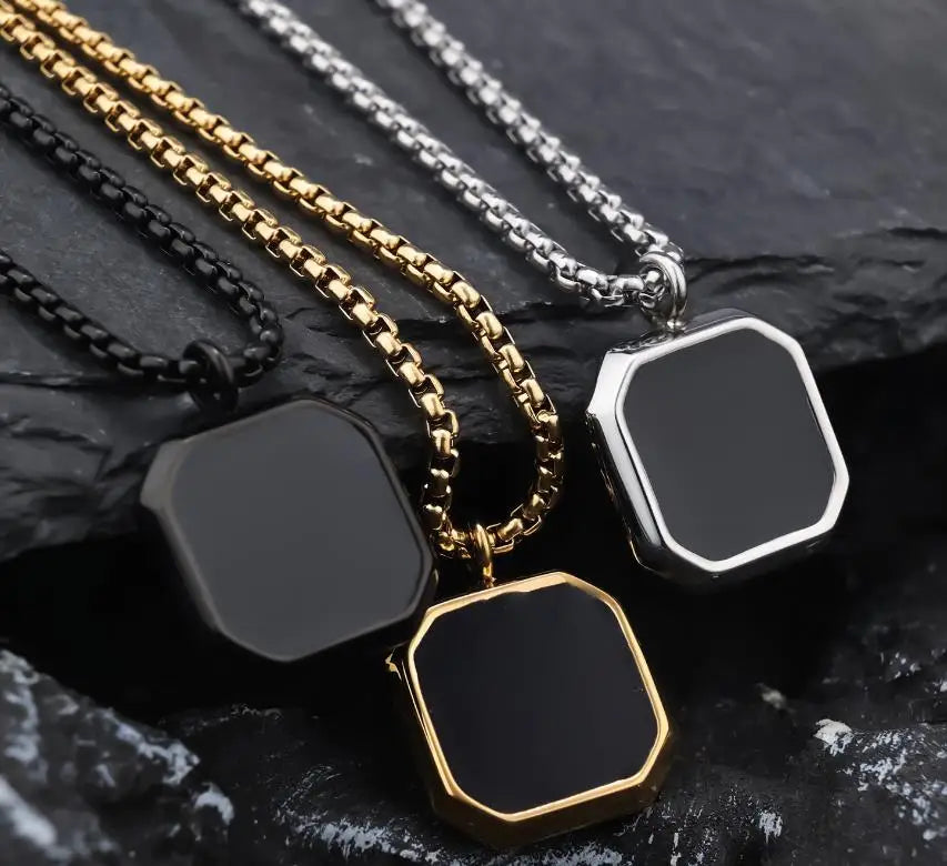 Caicai square Gemstone Pendant Stainless Steel Pendant Necklace Sweater Chain Titanium Steel Classic Necklace Wholesale