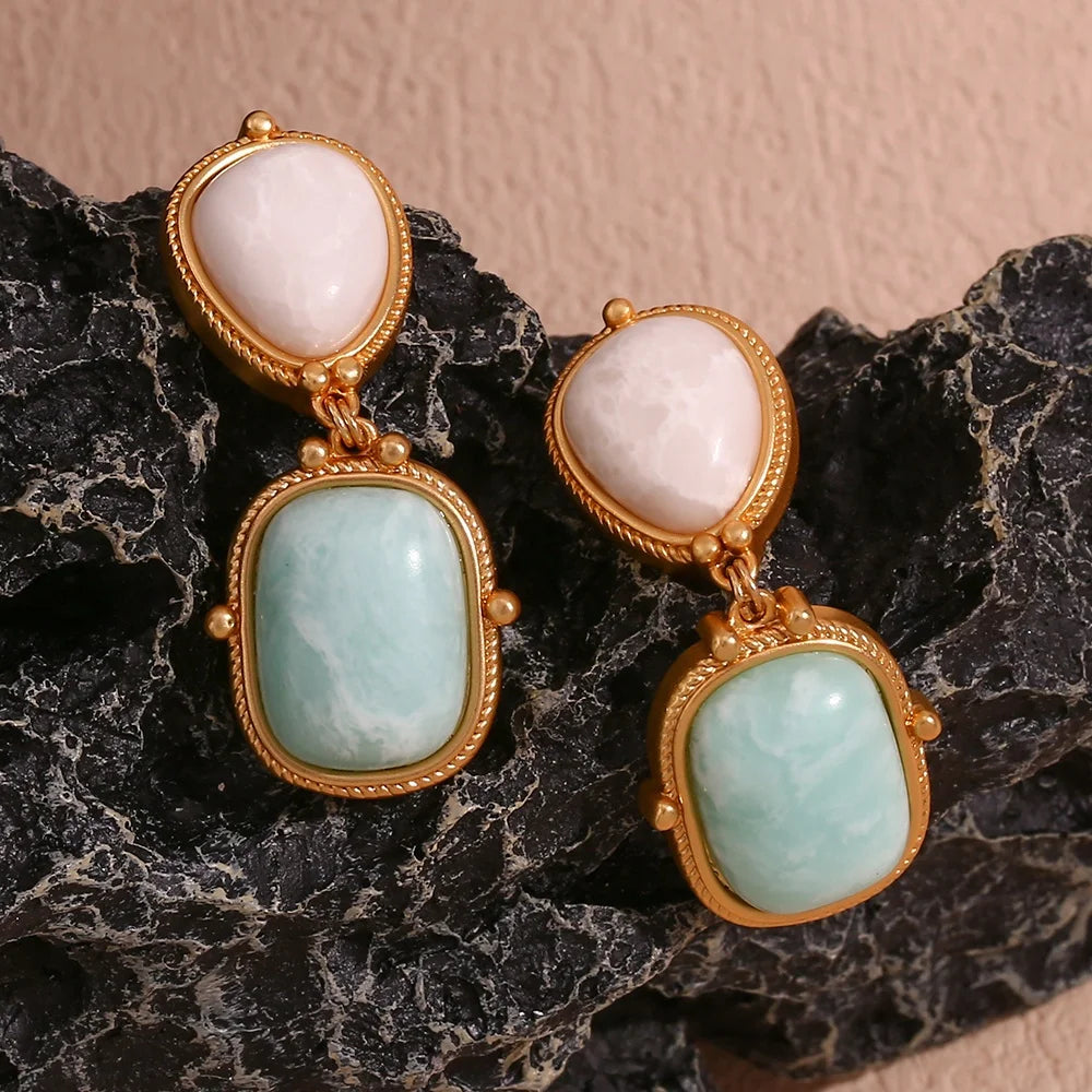Vintage Earring Women Jewelry Natural Amazonite Drop Earring Gold Plated Stainless Steel Jewelry