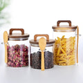 Round Glass Sealed Storage Jar with Wooden Spoon Seasoning Coffee Bean Storage Jar Kitchen High Borosilicate Glass Jar